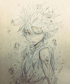 a drawing of an anime character with his hair blowing in the wind and eyes closed