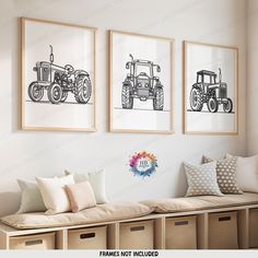 three black and white pictures hang on the wall above a bench with storage bins