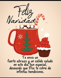 a christmas card with a cupcake and a candy cane on it, says feliz navidizas