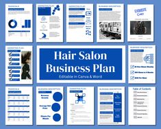 the hair salon business plan is displayed on a blue background with several different items in it