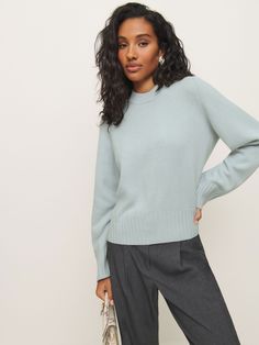 Layer up. Shop the Calloway Regenerative Wool Crew from Reformation, a crewneck sweater with oversized sleeves. Time Clothes, Oversized Sleeves, Work Wear Outfits, Vintage Inspired Dresses, Inspired Dress, Outerwear Sweater, New Tops, Crewneck Sweater, Knitwear Women