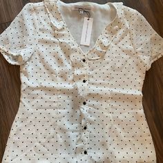 Brand New With Tags! Size Xs Really Beautiful And High Quality. Lots Of Little Details. Color Is Ivory With Black Polka Dots And Black Buttons. Black Lace Blouse, Gold Blouse, Cupcakes And Cashmere, Puff Long Sleeves, Tie Front Blouse, Linen Blouse, Peasant Tops, Boho Blouses, Lace Blouse