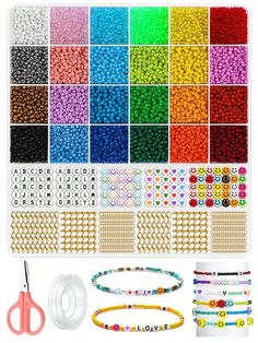 the kit includes beads, scissors and bracelets