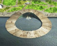 an artist's rendering of a circular wooden structure in the water with people walking around it