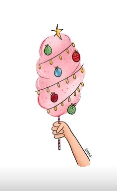 a drawing of a pink ice cream cone with christmas decorations on it's top