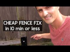 a man pointing at a sign that says cheap fence fix in 10 min or less