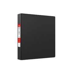 a black binder with red labels on the front and bottom, sitting in front of a white background