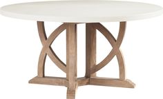 a white table with wooden cross legs and a round dining room table in the middle