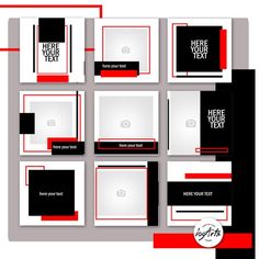 an abstract black and red business card design with squares, stripes and rectangles