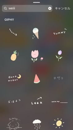 an iphone screen with various stickers on it, including flowers and other things in the background