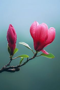 two pink flowers on a branch with water in the back ground and blue sky behind them