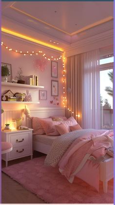 a bedroom decorated in pink and white with fairy lights