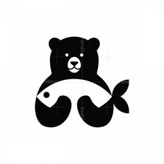 a black and white silhouette of a fish with a bear's head on it