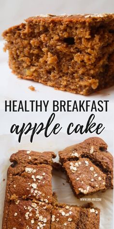 healthy breakfast apple cake with oatmeal on top and the words, healthy breakfast apple cake