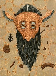 a painting of a horned animal with blue eyes and black hair on a brown background