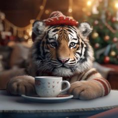 a tiger sitting at a table with a cup and saucer