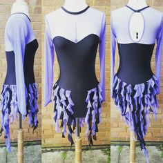 three different views of a mannequin with purple and black ruffles on it