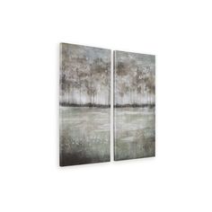 two paintings on the wall with trees and water in them, one is black and white