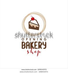 the logo for an open bakery shop with a piece of cake and cherry on top