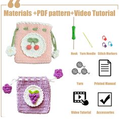 crochet pattern for a small purse with flowers on the front and side, including an applique