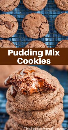 chocolate pudding mix cookies stacked on top of each other