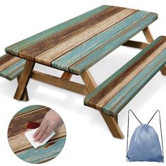 a wooden picnic table with cleaning cloth on it and an image of someone's hand