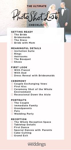 the ultimate photo shoot checklist for wedding day is shown in pink and white with black lettering