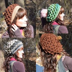 four pictures of a woman wearing a crocheted hat