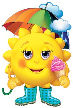 a cartoon sun holding an ice cream cone and umbrella over its head, with rain boots on