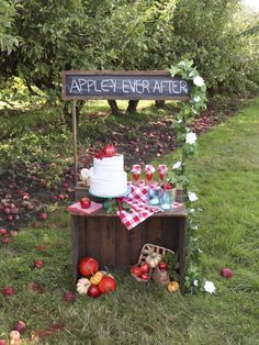 an apple - ener after stand with apples in the background and a cake on top