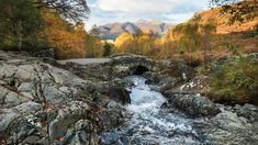 a river running through a forest filled with lots of rocks next to a mountain range