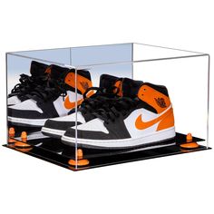 HIGH QUALITY clear acrylic shoe display box BLACK/CLEAR/WHITE/WOOD/TURF acrylic two-tiered base with gold, silver, black, red, white, orange, light blue, purple, green, pink or yellow metal risers; perfect for showcasing two (2) collectible shoes, such as a pair of autographed basketball sneakers, Nike Air Jordan Shoes or other footwear FREE MICROFIBER cleaning cloth included; MIRRORED BACK gives fuller appearance; Memorabilia pictured in the display is not included; mounting screws included for Shoe Display Case, Acrylic Display Box, Nike Air Jordan Shoes, Best Basketball Shoes, Shoes Free, Acrylic Display Case, Wood Acrylic, Shoe Display, Nike Air Jordans