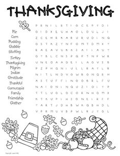 the thanksgiving word search is shown in black and white