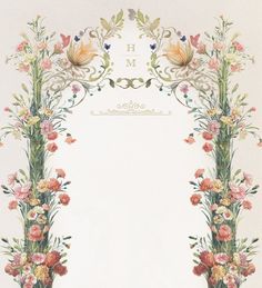 an ornate frame with flowers and leaves on the edges is painted in pastel colors