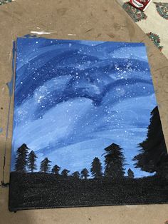 an acrylic painting of the night sky with stars and trees on it,