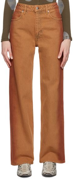 Wide-leg non-stretch denim jeans. Fading throughout. · High-rise · Belt loops · Four-pocket styling · Zip-fly Supplier color: Terracotta Gabardine Pants, Style Wide Leg Jeans, Color Clothes, Orange Jeans, Eckhaus Latta, Dark Autumn, Wide Leg Denim, High Rise Jeans, Denim Fashion