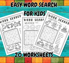 three easy word search worksheets for kids