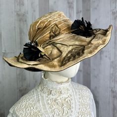 "Authentic c1900-1910 Edwardian Dress Hat. (Gibson Girl Style). * listing is for hat only, Edwardian clothing is sold separately.  FEATURES: A lovely Edwardian women's hat from the early 1900's.  Mocha brown velvet with shades of chocolate brown and black. There are several little feather trumpets arranged along the brim, and embellished with oversized autumn theme embroidery. Floppy brim style, and crown is stitched to fold over on one side.  *The hat does have some notable issues and could use some TLC, (refer to condition section below for details) however this would make a great hat for a dedicated collector!  MEASUREMENTS: Crown 4.5\" Brim 2.5-4.5\" width 17\" CONDITION: pre-owned antique condition.  NOTABLE ISSUES: substantial balding within the velvet fabric and silk lining undernea Curved Brim Top Hat For Kentucky Derby Costume, Victorian Evening Hats For Kentucky Derby, Vintage Brown Top Hat For Costume, Brown Vintage Top Hat For Costume, Victorian Cloche Hat For Vintage Events, Victorian Cloche Hat For Evening, Victorian Cloche Hat For Kentucky Derby, Victorian Brimmed Costume Hats And Headpieces, Victorian Brimmed Costume Hat