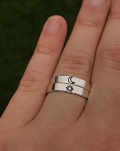 "Matching sun and moon best friend rings, match with your bestie with this adorable dainty ring set. DETAILS: -Two Matching Rings -Each ring is hand stamped -Ring is Sterling Silver -4mm in thickness You will receive two hand-stamped sterling silver rings filled with a black enamel finish. **Every item is handmade, this means that each will be unique and may not look EXACTLY like the picture, but it will look very similar ➡ORDER PROBLEMS If there are any problems with your order please contact m Rings For Besties, Sun And Moon Best Friend, Rings For Sisters, Platonic Wedding, Best Friend Rings For 2, Rings For Best Friends, Second Year Anniversary Gift, Best Friend Rings, Sun And Moon Rings