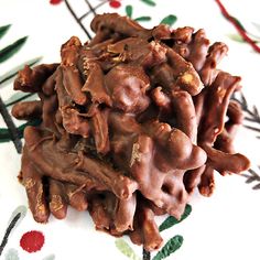 a pile of chocolate covered cookies sitting on top of a white and green table cloth