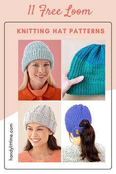 three hats that are knitted in different colors and sizes, with the text 11 free loom knitting hat patterns