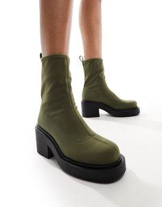 Shoes by Monki Reboot in progress Pull-on style Pull tab for easy entry Round toe Platform sole High block heel Fall Shoes 2024 Women, 70s Boots, 2024 Clothes, Sacs Tote Bags, Bold Shoes, Chunky Ankle Boots, Shoes Too Big, Queer Fashion, Khaki Fashion