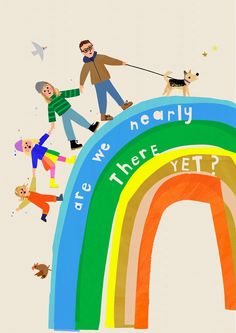 there are people walking on the rainbow with dogs and birds above them, which says do we really ride there yet?