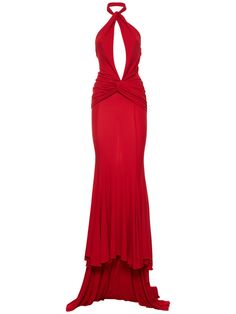 Back hook closure at collar. Halter strap. Front cutout detail. Open back. Model is wearing a size40 Red Open Back Dress, Long Halter Dress, Drape Gowns, Drape Maxi Dress, Cute Dress Outfits, Long Red Dress, Red Dress Maxi, Halter Strap, Black Maxi Dress