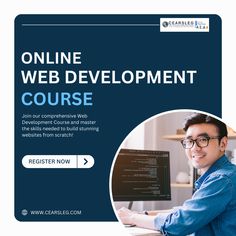 a man sitting at a desk in front of a computer screen with the words online web development course on it