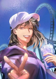 an anime character is holding a drink and making the peace sign with her hand while standing in front of roller coasters