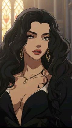 an animated image of a woman with long black hair and large breast, wearing gold earrings