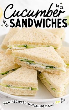 cucumber sandwiches on a white plate with the words cucumber sandwiches below it