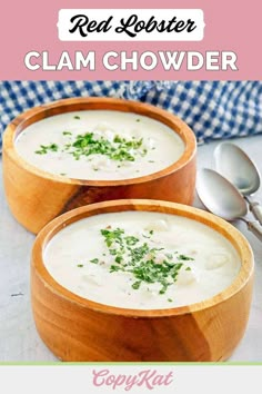 two wooden bowls filled with clam chowder and garnished with parsley