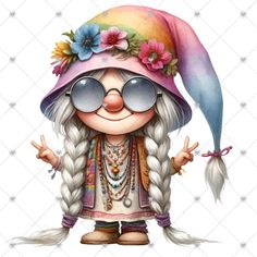 a cartoon character with long hair wearing sunglasses and a pink hat, standing in front of a